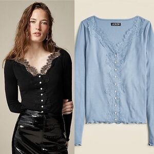 J. Crew Refined rib cardigan top with lace trim small in blue